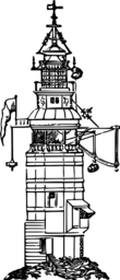 계단과 깃발을 가진 상세한 lighthouse