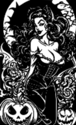 pinup 고딕 여성 와 curly 머리 pumpkins 완전한 달