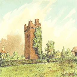 painting old tower with tree