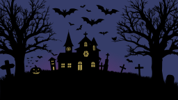 배트를 가진 Haunted 집의 Silhouette는 그것을 비행합니다