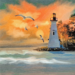 Seagulls 비행을 가진 Lighthouse의 그림