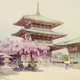 A Painting Of People Sitting Under A Tree In Front Of A Pagoda