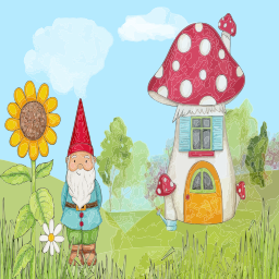 Mushroom House의 앞에있는 Gnome Standing