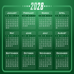 녹색 둥근 2028 달력 격자