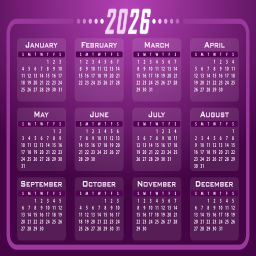 자주색 둥근 2026 달력 격자