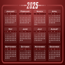 빨간색 라운드 2025 캘린더 그리드