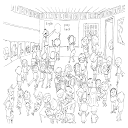 교실 전체의 학생 선 그림 장면