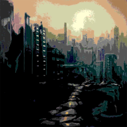 거대한 달의 밑에 surreal cityscape