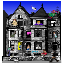 whimsical victorian house 푸른 하늘 장면 와 문자 일