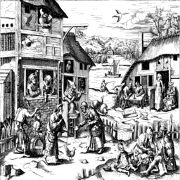 woodcut medieval 마을 시장 장면