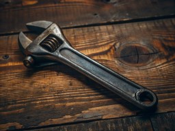나무 탁자 위의 vector illustration wrench