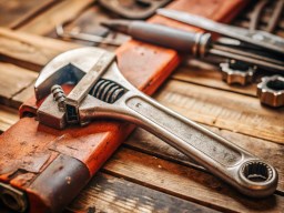 나무 탁자 위에 앉아 있는 bunch tools