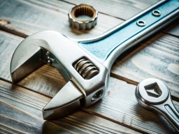 나무 탁자 위의 vector illustration wrench 와 wrench