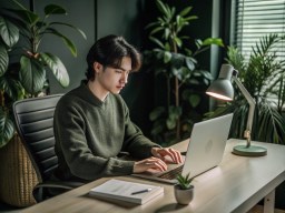 노트북 에 작업 하는 책상 에 앉아 있는 사람