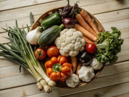 나무 탁자 올려진 함께 basket fresh vegetables