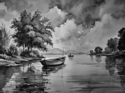 물 위의 검은색 와 흰색 painting boats