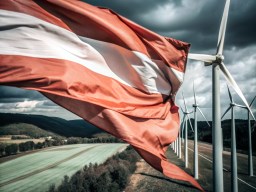 빨간색 와 흰색 flag 날고 있는 from wind turbine