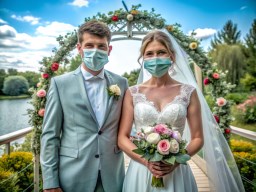 얼굴 masks 위의 their wedding day을 입은 bride 와 groom