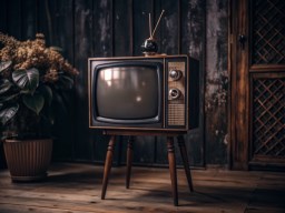나무 floor 위에 앉아 있는 늙은 fashioned television set