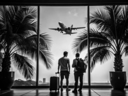 검은색 와 흰색 photo two 사람들 바라보는 out 창문 at airport