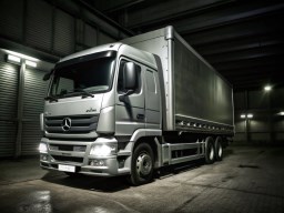 garage at night 안의 truck parked