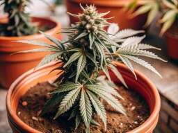 Cannabis Plants in Pots on a Wooden Table