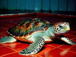 빨간색 tiled floor 위의 초록색 turtle laying
