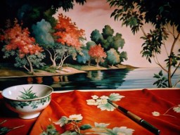 탁자 위의 painting 함께 그릇 와 brush
