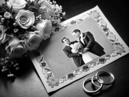 검은색 와 흰색 photo two wedding rings 와 꽃다발