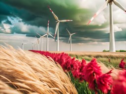 들판 함께 빨간색 꽃 안의 wind turbines