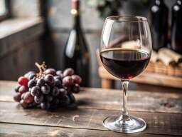 Glass of Red Wine and a Bottle of Wine on a Wooden Table