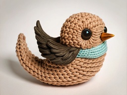 흰색 surface 위에 앉아 있는 작은 knitted 새
