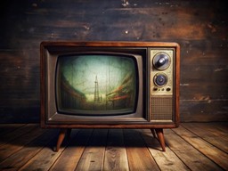 나무 floor 위에 앉아 있는 늙은 television