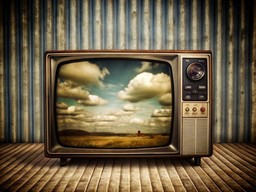 나무 floor 위에 앉아 있는 늙은 television