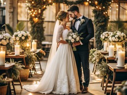 wedding ceremony 한가운데의 bride 와 groom kissing