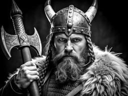 axe을 들고 있는 검은색 와 흰색 photo viking