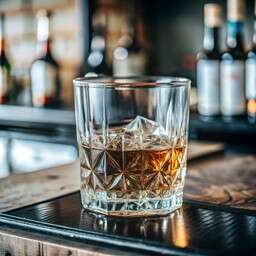 Glass of Whiskey Sitting on Top of a Wooden Table