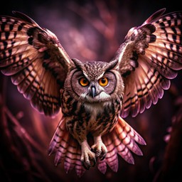 공기 함께 its wings spread 안의 owl 날고 있는
