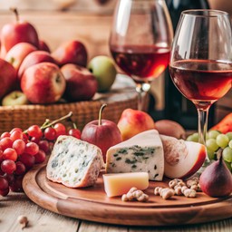 나무 탁자 위의 wine cheese 와 grapes