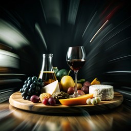 탁자 위의 plate cheese grapes 와 wine