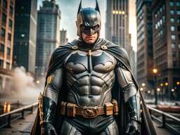 A Man In A Batman Costume Standing In The Middle Of A City