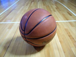 basketball court 위에 앉아 있는 basketball ball