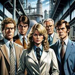Movie Poster with a Group of People Standing in Front of a Factory
