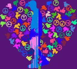보라색 배경 함께 heart made out 화려한 peace symbols