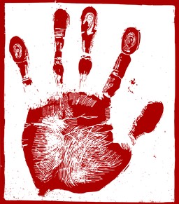 빨간색 와 흰색 poster 함께 handprinted image 사람 손