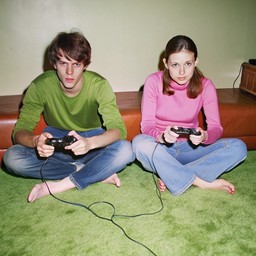 floor 노는 video games 위에 앉아 있는 two 사람들