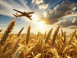 plane 날고 있는 over 들판 wheat