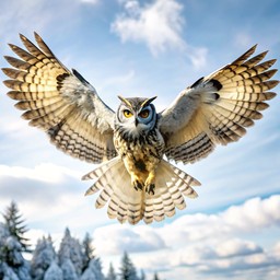 공기 함께 its wings 펼쳐진 안의 owl 날고 있는
