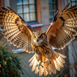 공기 함께 its wings spread 안의 owl 날고 있는