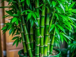 나무 탁자 위에 앉아 있는 bunch 초록색 bamboo plants